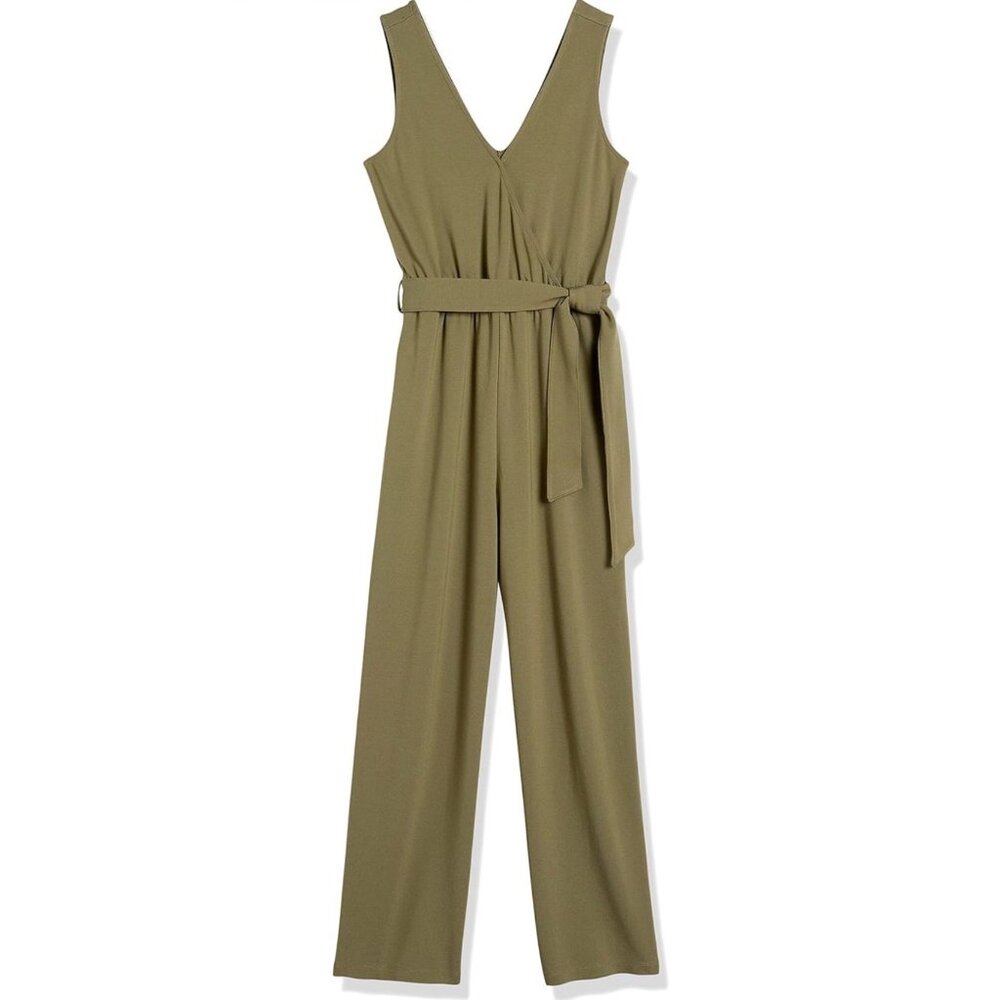 Plus Size Olive Green Sleeveless Wide-Leg Jumpsuit With Waist Tie